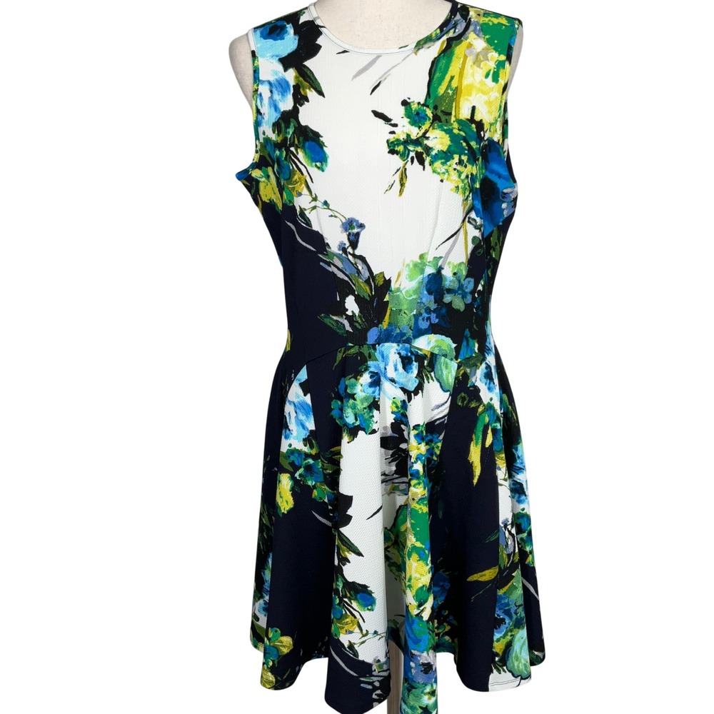 Julian Taylor Dress Women 10 Blue Black Floral Fit Flare Garden Cottage Retro